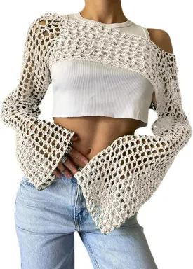 Aimiray Women's Sexy Mesh Crochet Crop Top Hollow Out Beach Cover Ups See Through Long Sleeve Y2k Knit Sweater Tees