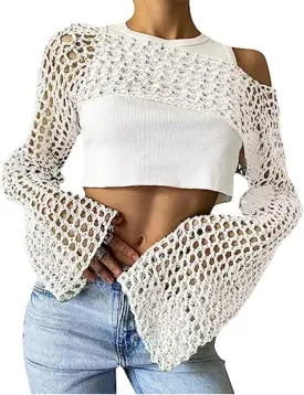 Aimiray Women's Sexy Mesh Crochet Crop Top Hollow Out Beach Cover Ups See Through Long Sleeve Y2k Knit Sweater Tees