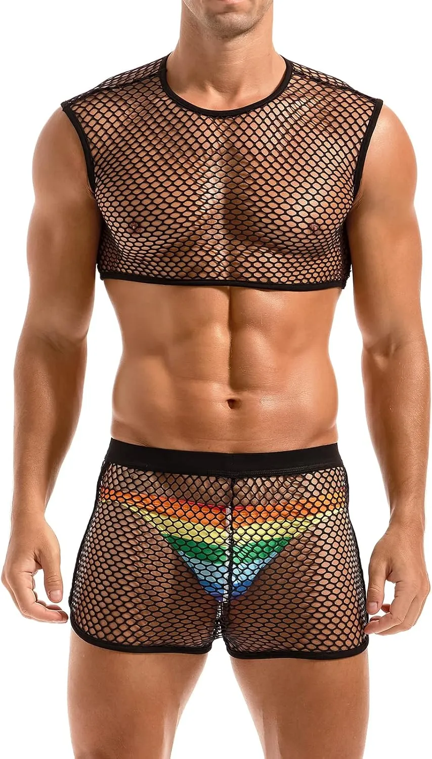 AMY COULEE Mens Fishnet Crop Top Sexy Mesh Tank Top See Through Sleeveless Undershirts Nightclub Party Vest