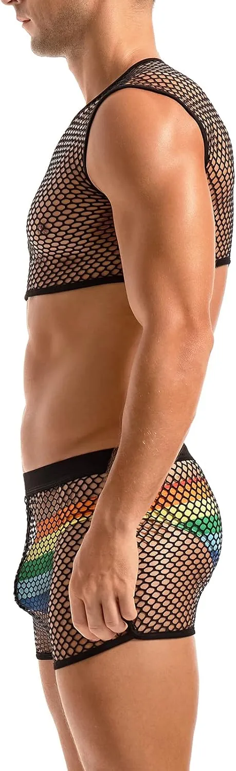 AMY COULEE Mens Fishnet Crop Top Sexy Mesh Tank Top See Through Sleeveless Undershirts Nightclub Party Vest