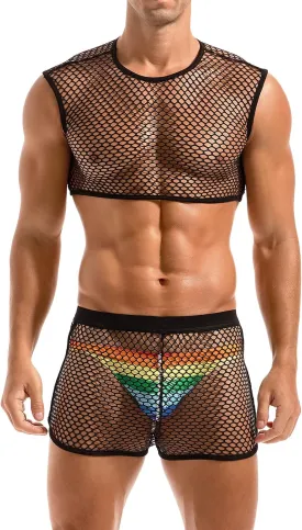 AMY COULEE Mens Fishnet Crop Top Sexy Mesh Tank Top See Through Sleeveless Undershirts Nightclub Party Vest