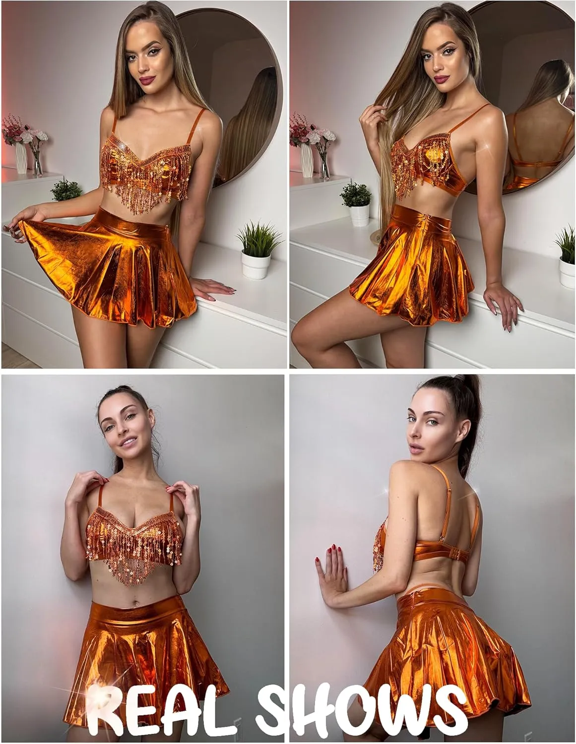 Avidlove Rave Outfits for Women Sequin Fringe Outfits Cosplay Lingerie 3pack Costume Set with Metallic Skirt