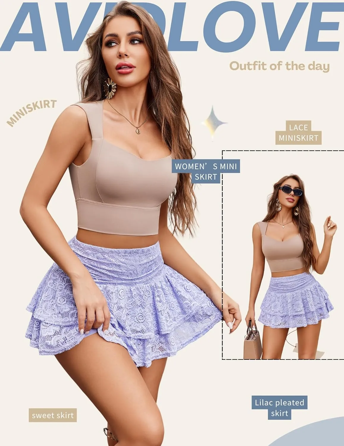 Avidlove Women's Pleated Mini Skirt Lace High Waisted Ruffles Lingerie Short Skirts