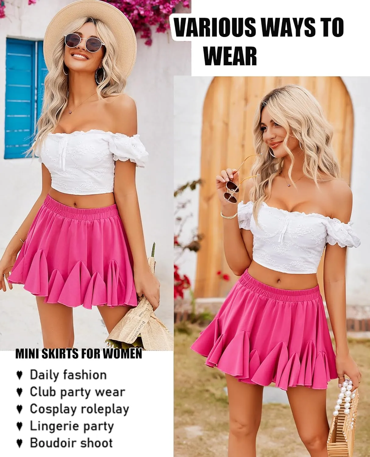 Avidlove Women's Pleated Skater Skirt Basic Casual High Waisted Ruffles Flared Mini Lingerie Skirts