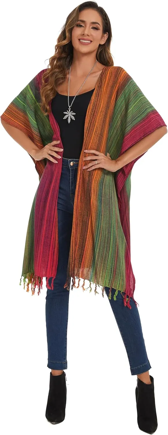 Beautybatik Multicoloured Women Hippie Gypsy Stripe Printed Kimono Cardigan Shawl Wrap Swimsuit Cover Up Jacket One Size