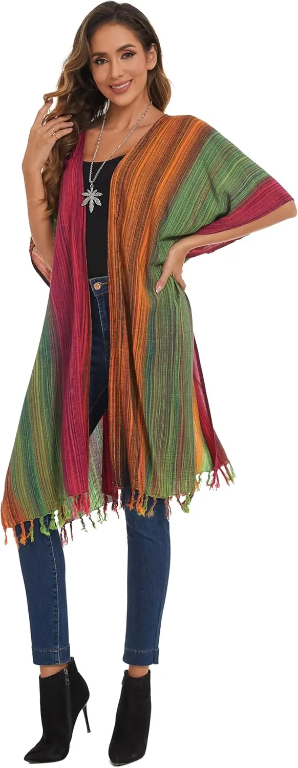 Beautybatik Multicoloured Women Hippie Gypsy Stripe Printed Kimono Cardigan Shawl Wrap Swimsuit Cover Up Jacket One Size