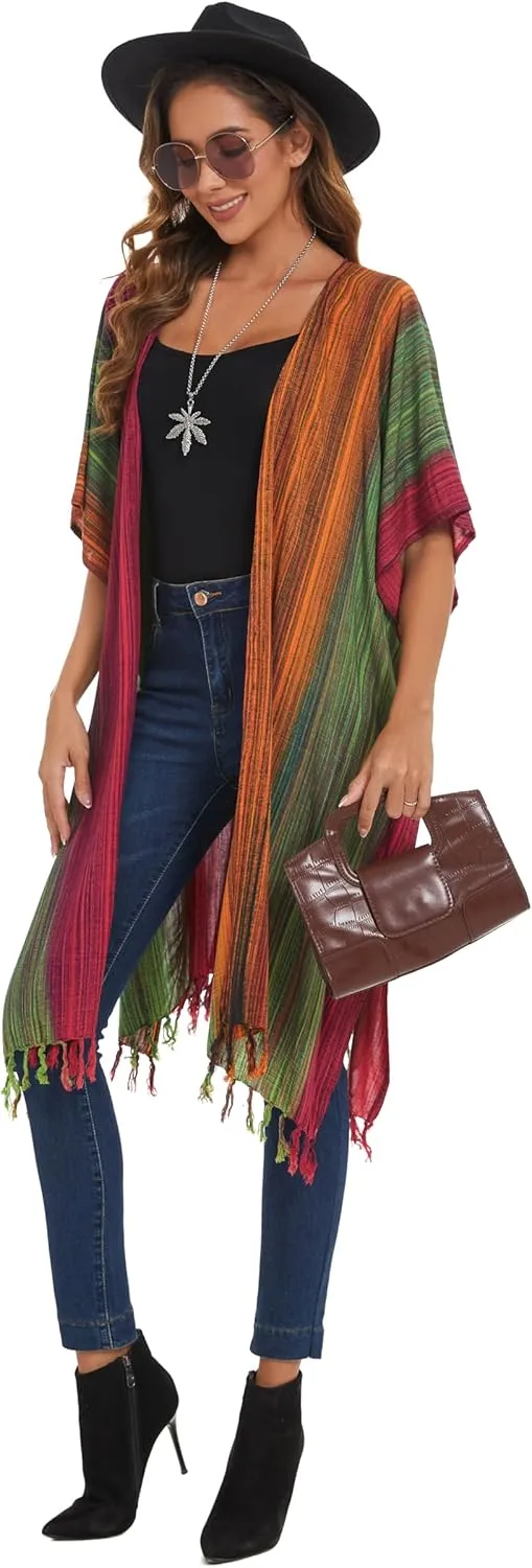 Beautybatik Multicoloured Women Hippie Gypsy Stripe Printed Kimono Cardigan Shawl Wrap Swimsuit Cover Up Jacket One Size