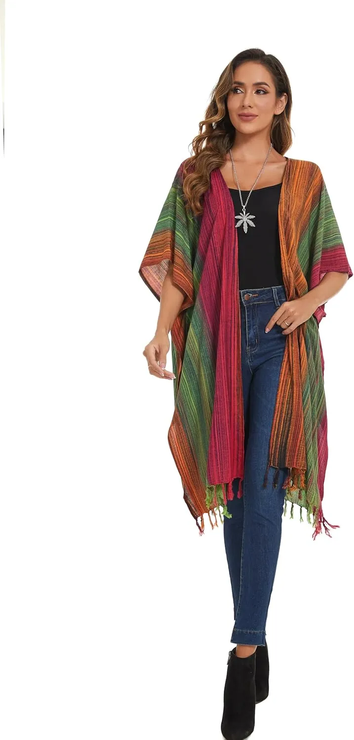 Beautybatik Multicoloured Women Hippie Gypsy Stripe Printed Kimono Cardigan Shawl Wrap Swimsuit Cover Up Jacket One Size
