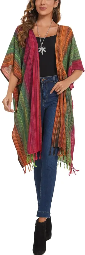 Beautybatik Multicoloured Women Hippie Gypsy Stripe Printed Kimono Cardigan Shawl Wrap Swimsuit Cover Up Jacket One Size
