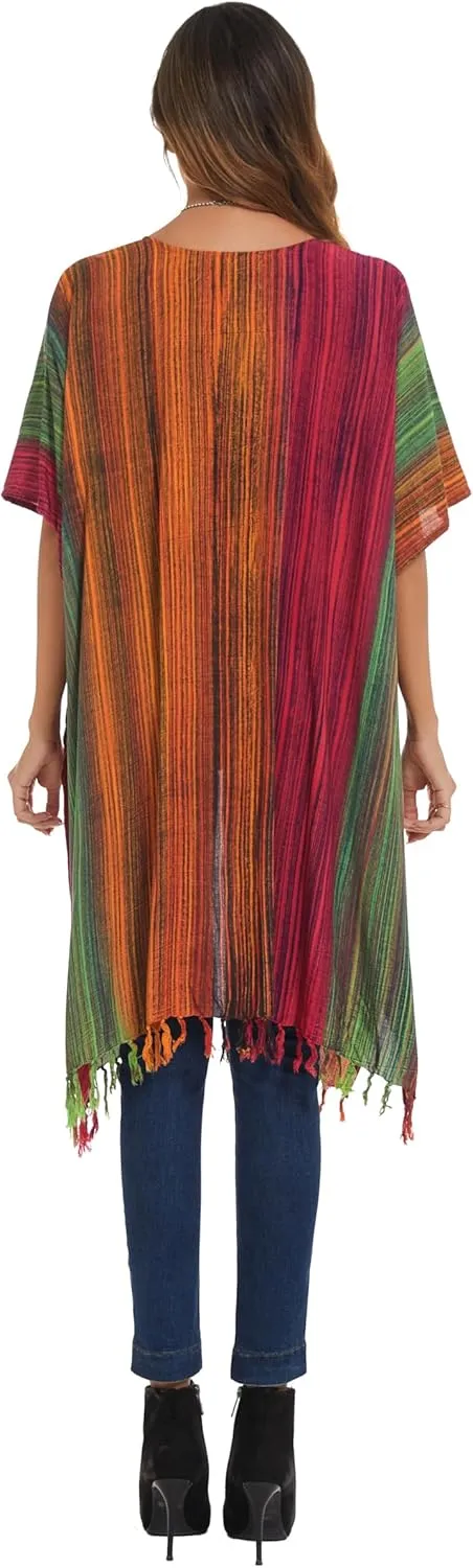 Beautybatik Multicoloured Women Hippie Gypsy Stripe Printed Kimono Cardigan Shawl Wrap Swimsuit Cover Up Jacket One Size