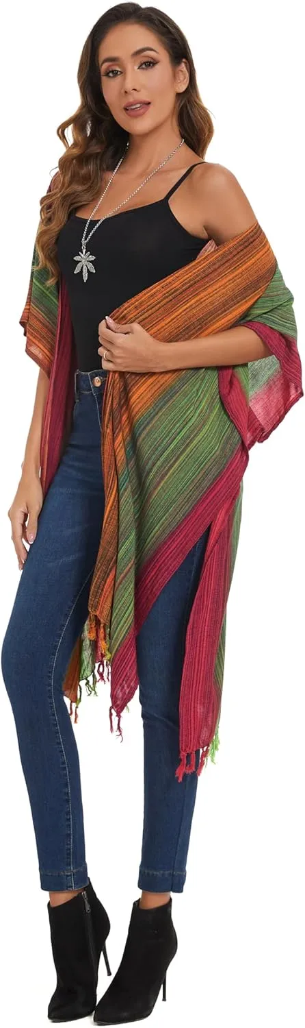 Beautybatik Multicoloured Women Hippie Gypsy Stripe Printed Kimono Cardigan Shawl Wrap Swimsuit Cover Up Jacket One Size