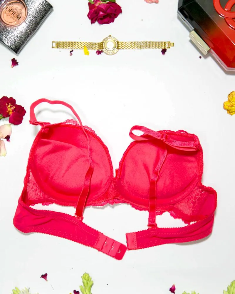 Bridal Lace Bra - Double Padded Underwire Bra - Hot Pink - 2899
