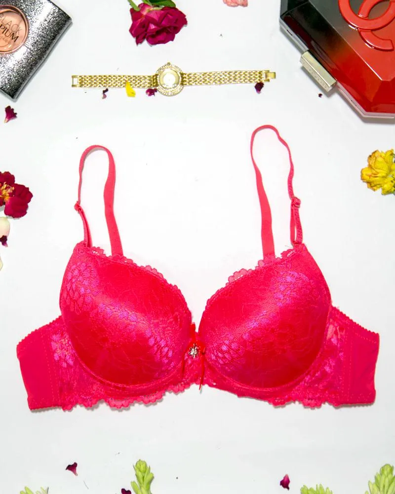 Bridal Lace Bra - Double Padded Underwire Bra - Hot Pink - 2899