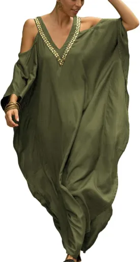 Bsubseach Turkish Cold Shoulder Kaftan Dresses Swimsuit Cover Up Maxi Dress Beach Cover Ups