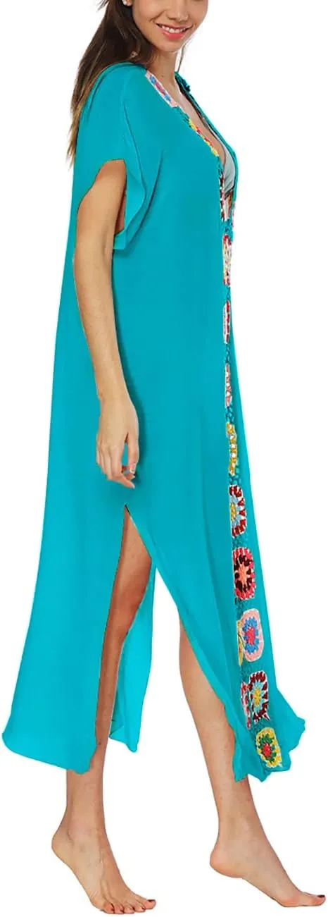 Bsubseach Women Mexican Embroidered Kaftan Dresses Deep V Neck Short Sleeve Beach Side Split Cover Up for Women Caftan Dress