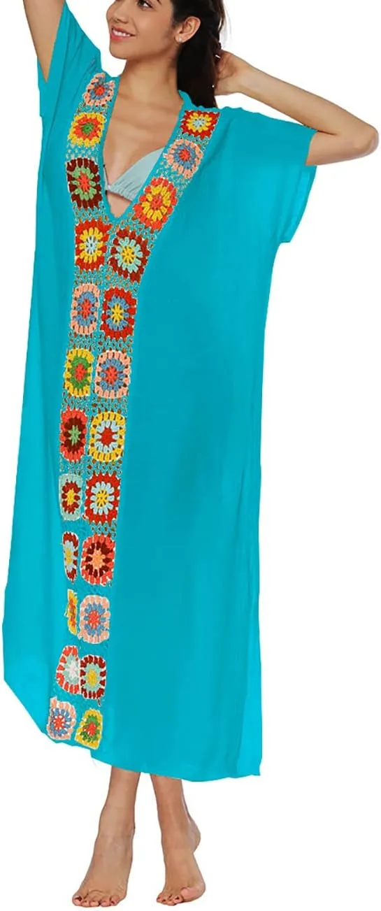 Bsubseach Women Mexican Embroidered Kaftan Dresses Deep V Neck Short Sleeve Beach Side Split Cover Up for Women Caftan Dress