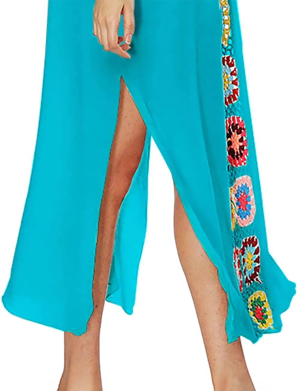 Bsubseach Women Mexican Embroidered Kaftan Dresses Deep V Neck Short Sleeve Beach Side Split Cover Up for Women Caftan Dress