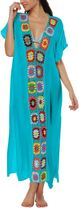 Bsubseach Women Mexican Embroidered Kaftan Dresses Deep V Neck Short Sleeve Beach Side Split Cover Up for Women Caftan Dress