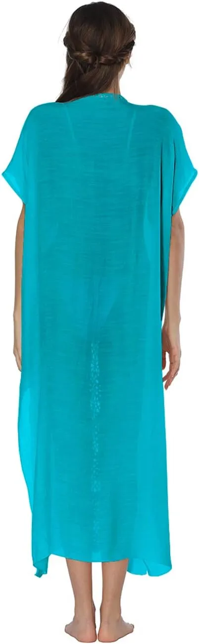 Bsubseach Women Mexican Embroidered Kaftan Dresses Deep V Neck Short Sleeve Beach Side Split Cover Up for Women Caftan Dress