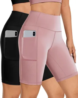 Buauty 2/3 Pack Biker Shorts Women Tummy Control with Pocket 8" High Waisted Yoga Running Workout Spandex Compression Shorts