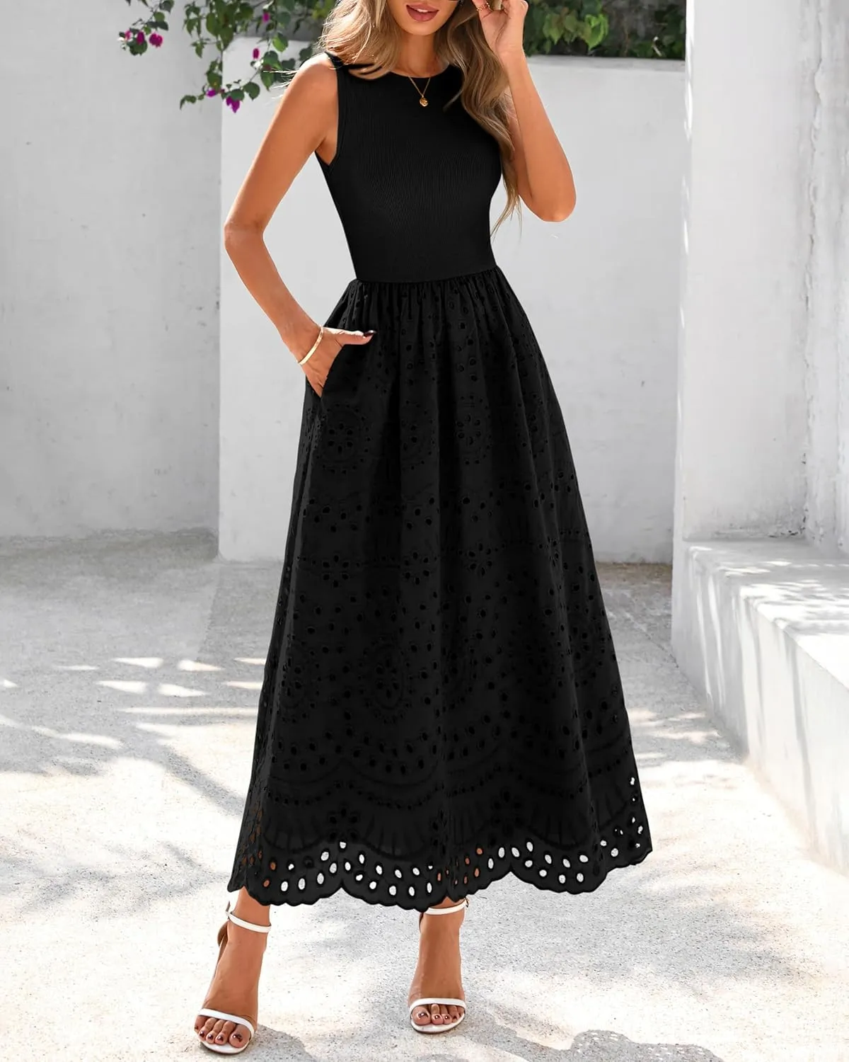 dowerme Women Summer Dresses 2025 Casual Sleeveless Crewneck A-Line Boho Lace Eyelet Cotton Tank Maxi Dress with Pockets