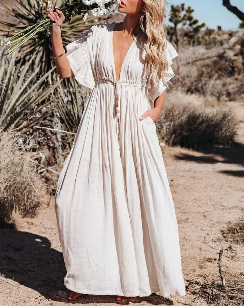 ebossy Summer Ruffled Cap Solid Maxi Beach Button Down Dress Sexy V-Neck Drawstring Swim Cover Up for Women