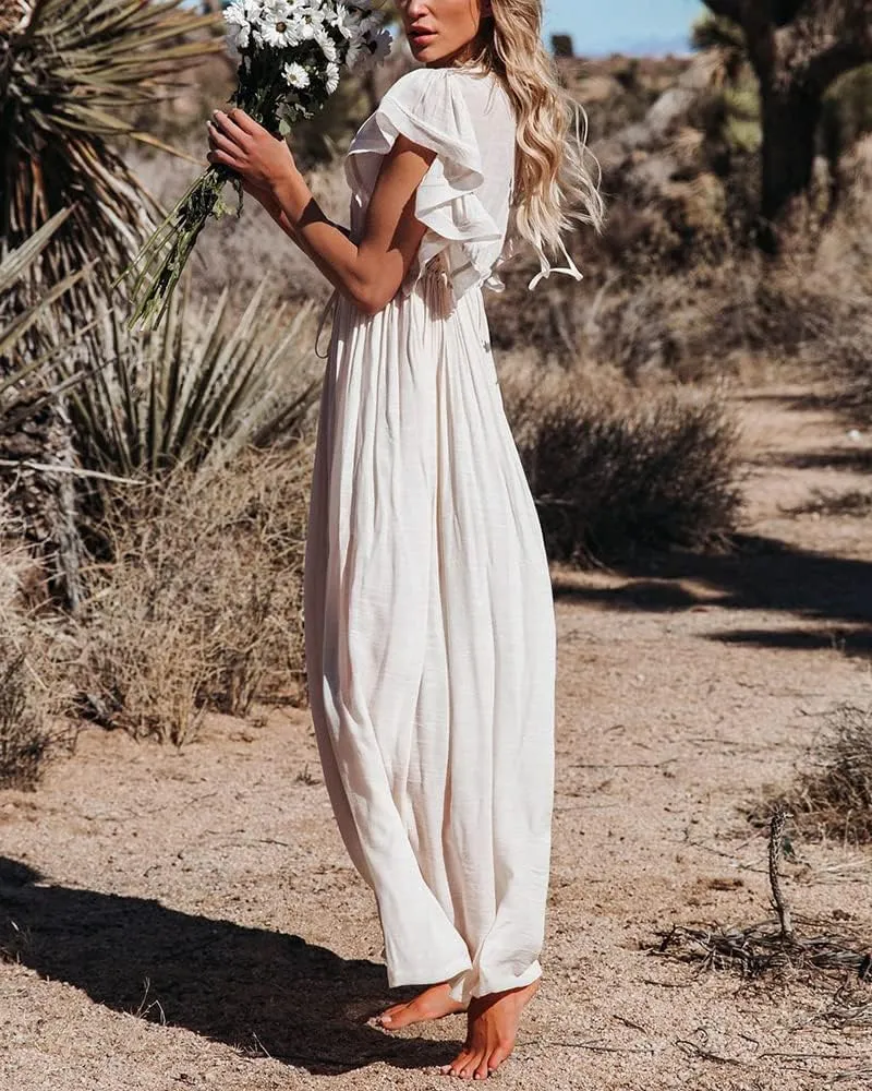 ebossy Summer Ruffled Cap Solid Maxi Beach Button Down Dress Sexy V-Neck Drawstring Swim Cover Up for Women