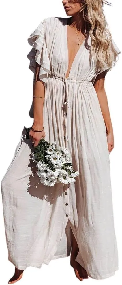 ebossy Summer Ruffled Cap Solid Maxi Beach Button Down Dress Sexy V-Neck Drawstring Swim Cover Up for Women