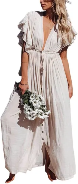 ebossy Summer Ruffled Cap Solid Maxi Beach Button Down Dress Sexy V-Neck Drawstring Swim Cover Up for Women
