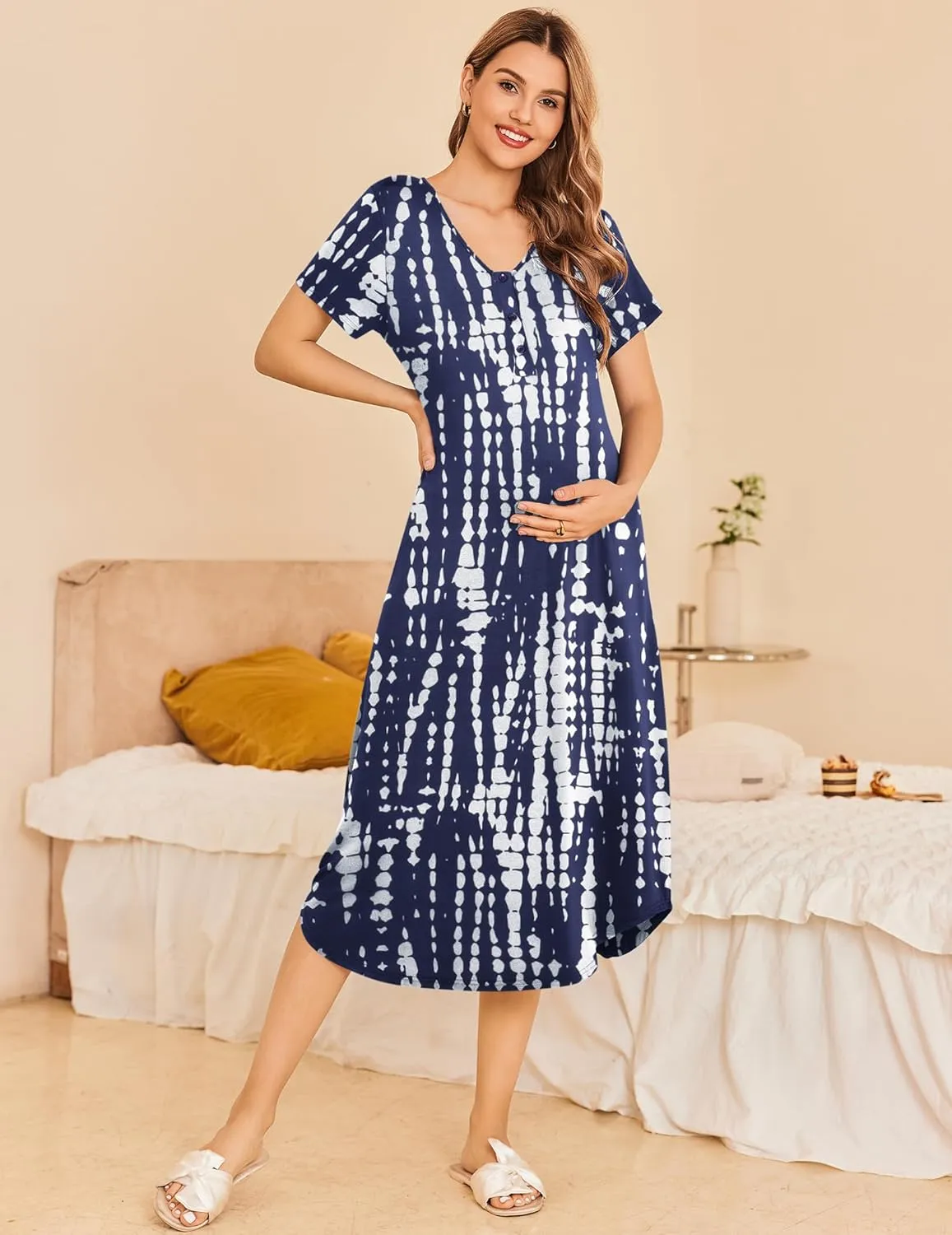 Ekouaer Womens Maternity Nightgown for Hospital Pregnancy Long Nightgowns Nursing Night Gown for Breastfeeding