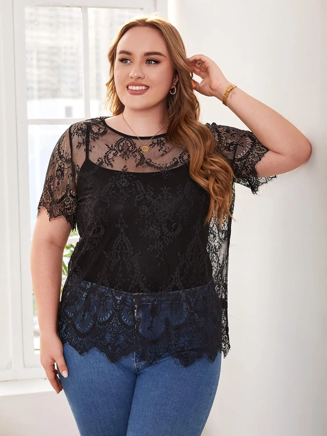 Floerns Women's Plus Size Sheer Mesh Short Sleeve Crop Top T Shirt Without Bra