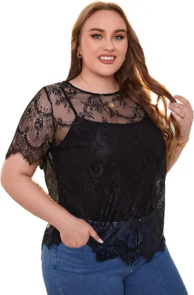 Floerns Women's Plus Size Sheer Mesh Short Sleeve Crop Top T Shirt Without Bra