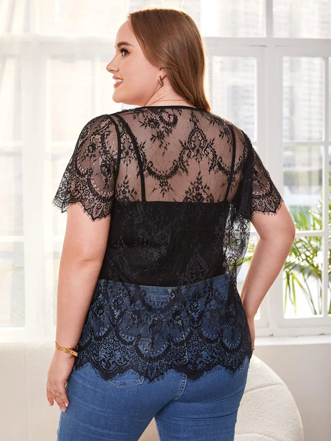 Floerns Women's Plus Size Sheer Mesh Short Sleeve Crop Top T Shirt Without Bra