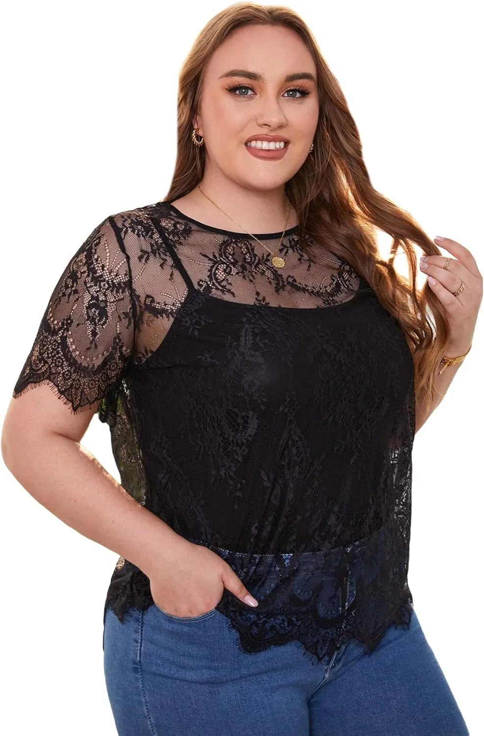 Floerns Women's Plus Size Sheer Mesh Short Sleeve Crop Top T Shirt Without Bra