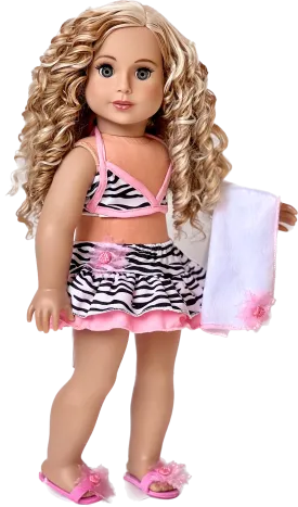 Fun with the Sun - Clothes for 18 inch Doll - 4 Piece Swimsuit Outfit - Skirt, Bikini Top, matching Flip Flops and Beach Blanket