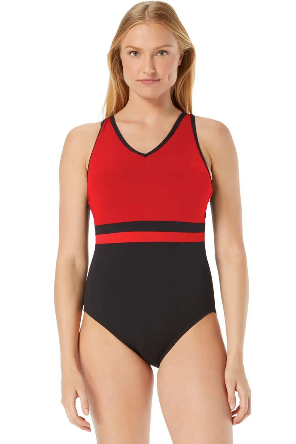 Gabar Color Block V-neck Girl Leg Swimsuit, Poppy (G8D404)