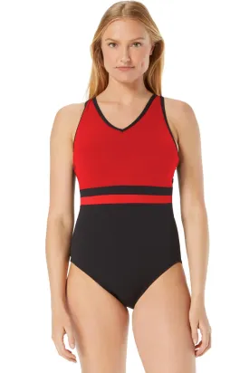Gabar Color Block V-neck Girl Leg Swimsuit, Poppy (G8D404)