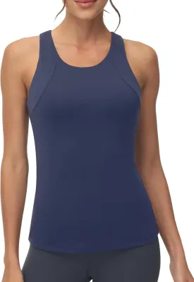 High Neck Workout Tank Tops Sports Bras for Women Full Coverage Tank with Built-in Shelf Bras Racerback Yoga Gym Shirt
