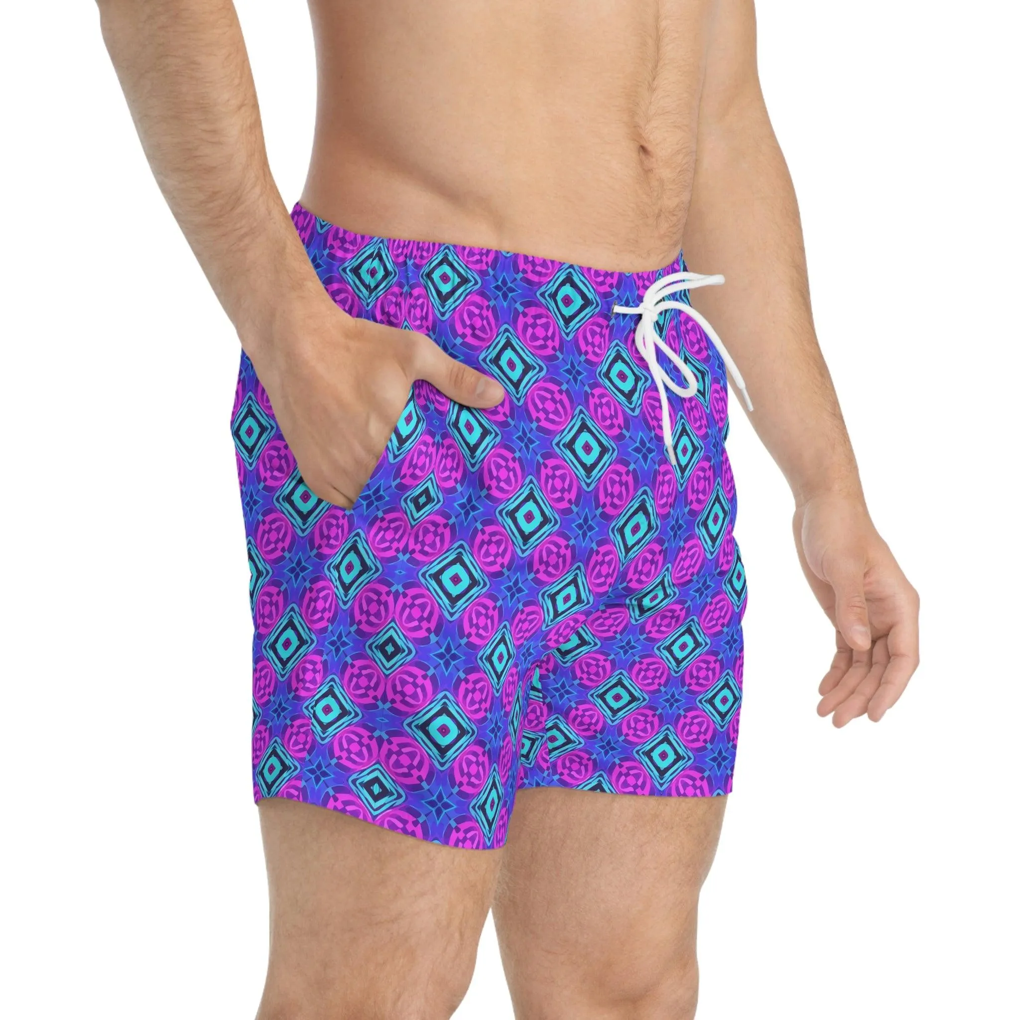 Hot Pink & Vibrant Blue Geometric Pattern Swim Trunks