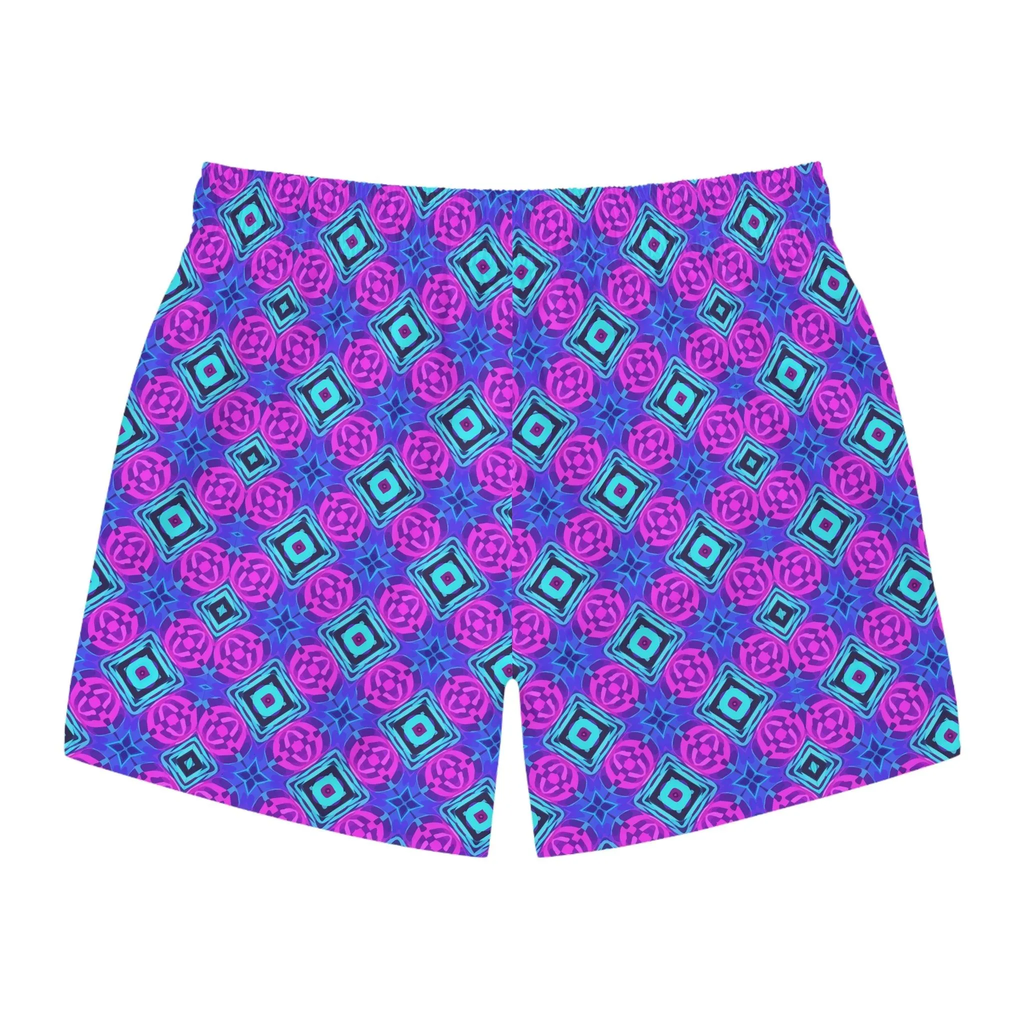 Hot Pink & Vibrant Blue Geometric Pattern Swim Trunks