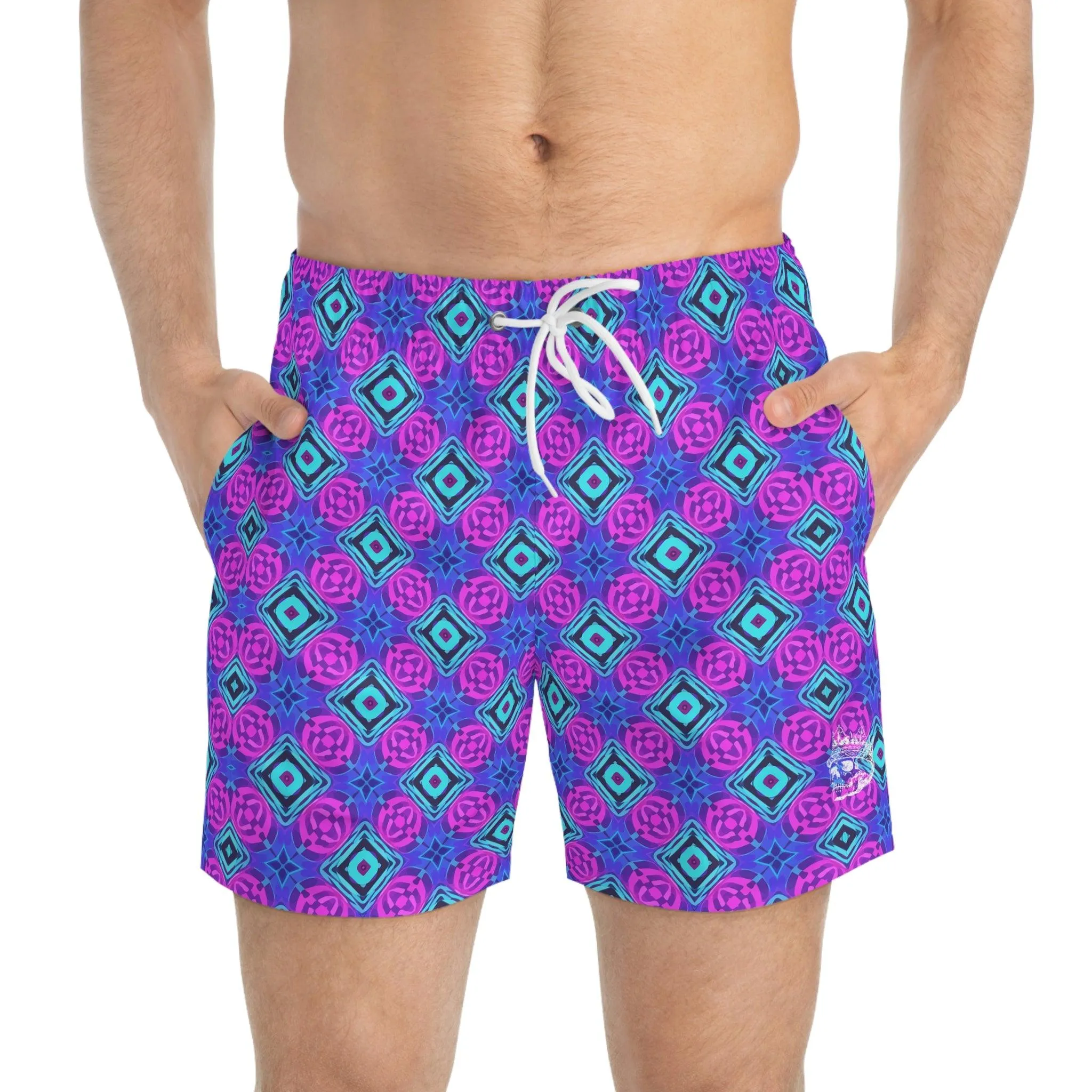 Hot Pink & Vibrant Blue Geometric Pattern Swim Trunks