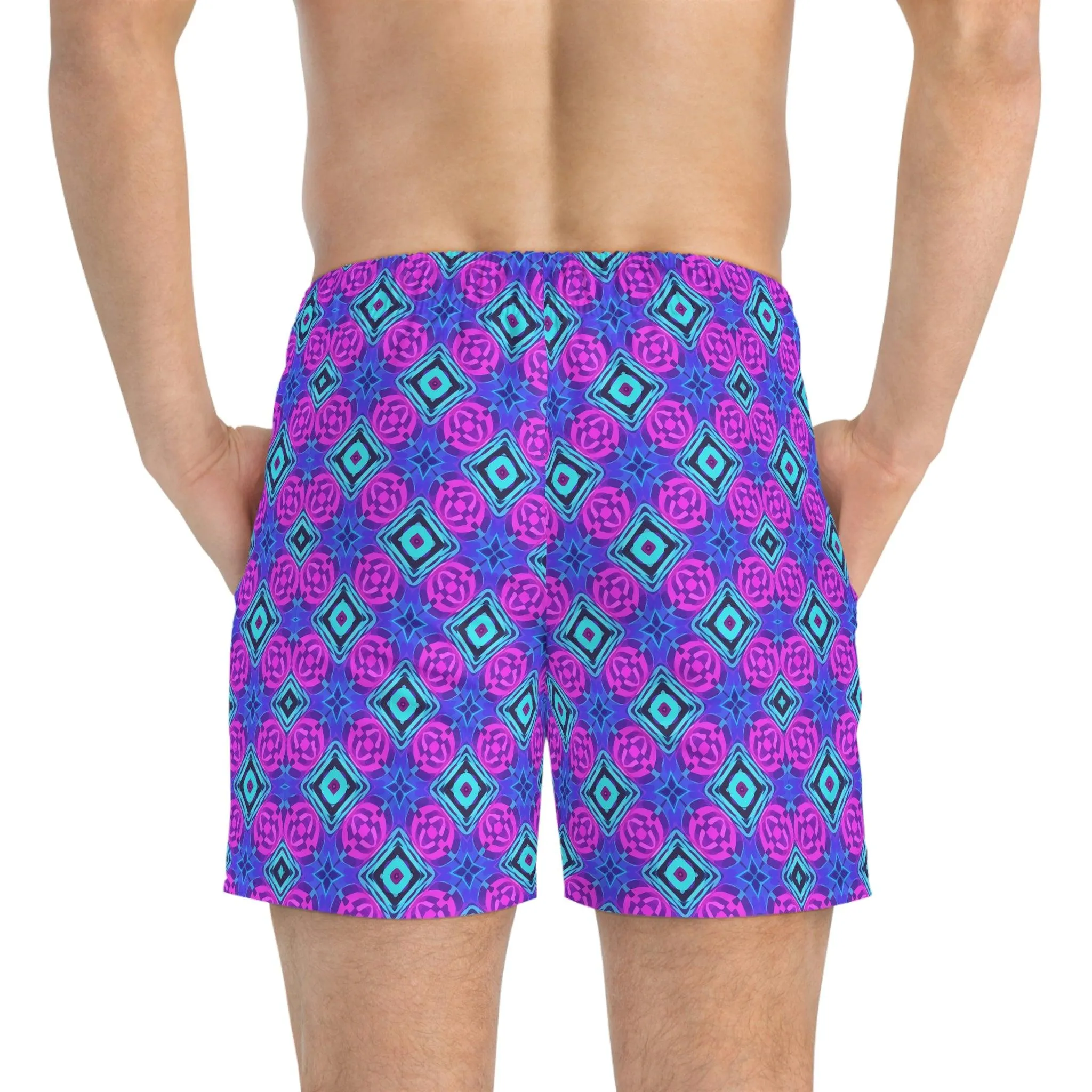 Hot Pink & Vibrant Blue Geometric Pattern Swim Trunks