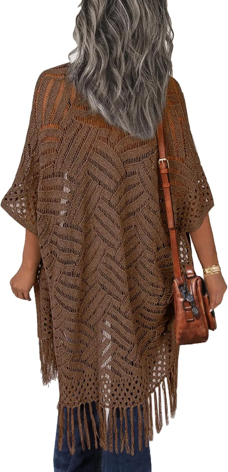HOTOUCH Womens Knit Cardigan Open Front Outwear Hollow Out Crochet Tassel Lightweight Kimonos Sweater S-XXL