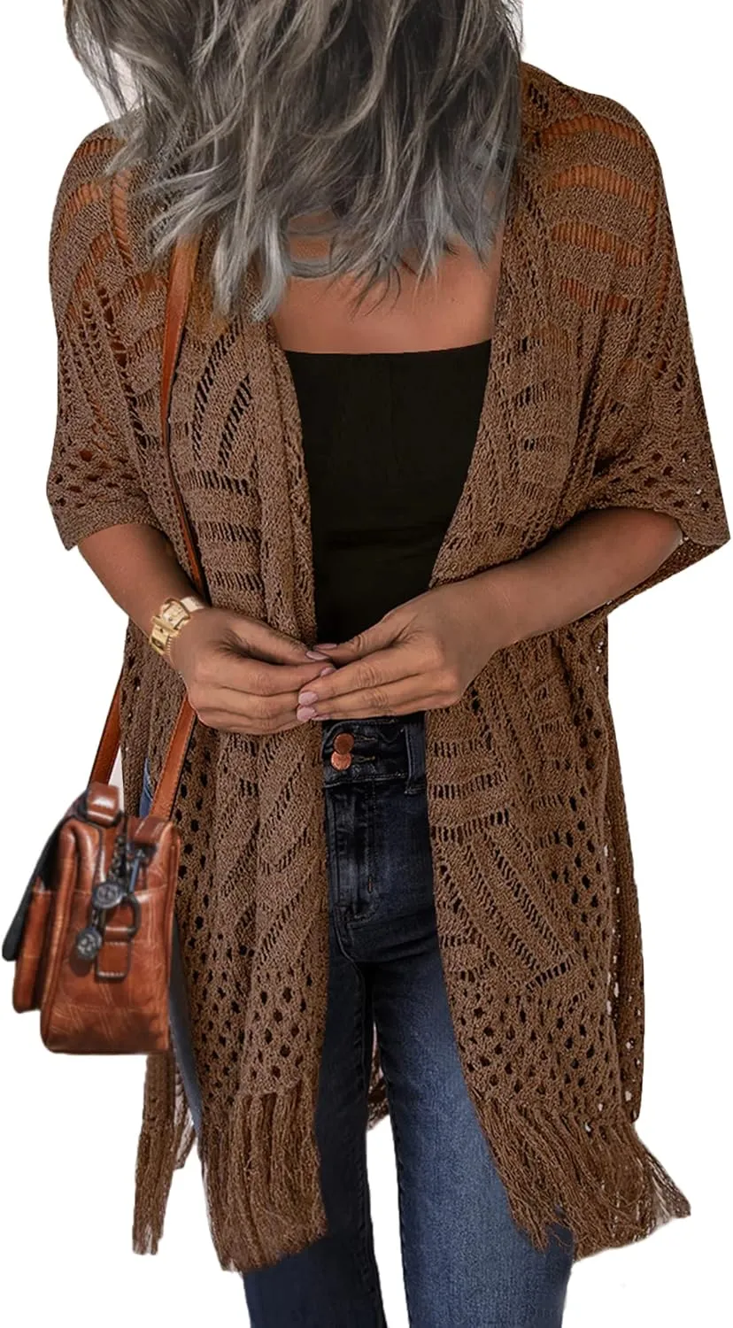 HOTOUCH Womens Knit Cardigan Open Front Outwear Hollow Out Crochet Tassel Lightweight Kimonos Sweater S-XXL