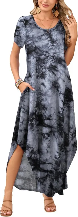 JollieLovin Womens Plus Size Casual Summer Maxi Dress Short Sleeve Crew Neck T-Shirt Loose Beach Sundress