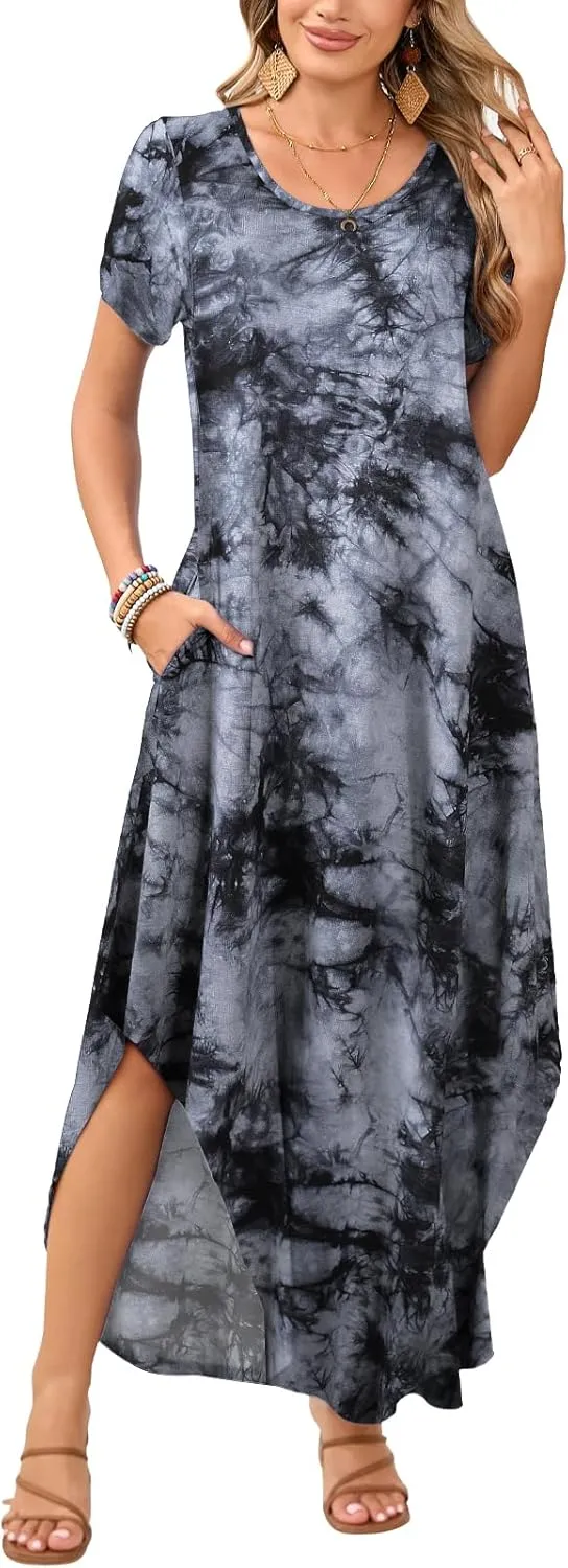 JollieLovin Womens Plus Size Casual Summer Maxi Dress Short Sleeve Crew Neck T-Shirt Loose Beach Sundress