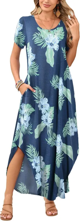 JollieLovin Womens Plus Size Casual Summer Maxi Dress Short Sleeve Crew Neck T-Shirt Loose Beach Sundress