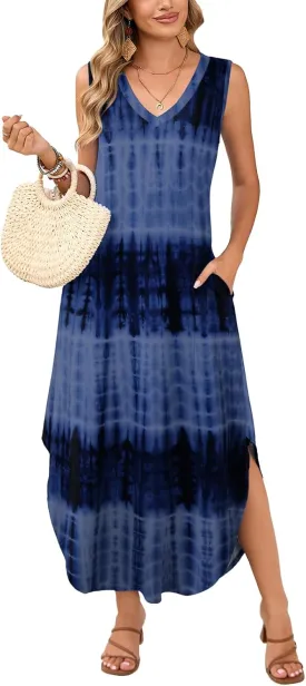 JollieLovin Womens Plus Size Casual Summer Maxi Long Dress 2025 Sleeveless V Neck T-Shirt Loose Sun Dress