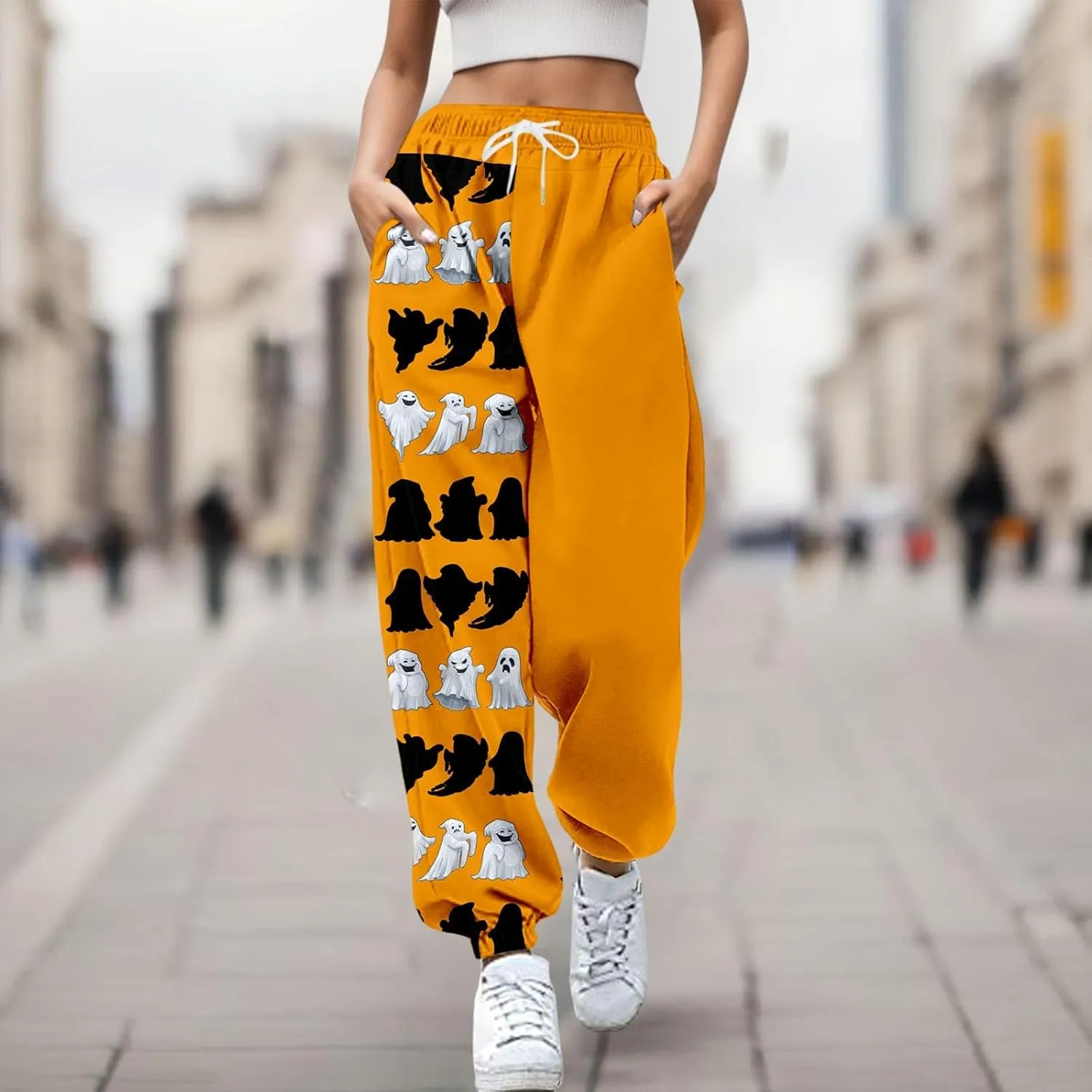 Ladies Halloween Cute Print Pants Workout High Waisted Yoga Pants with Casual Elastic Waist Drawstring with Pockets