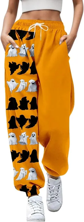Ladies Halloween Cute Print Pants Workout High Waisted Yoga Pants with Casual Elastic Waist Drawstring with Pockets